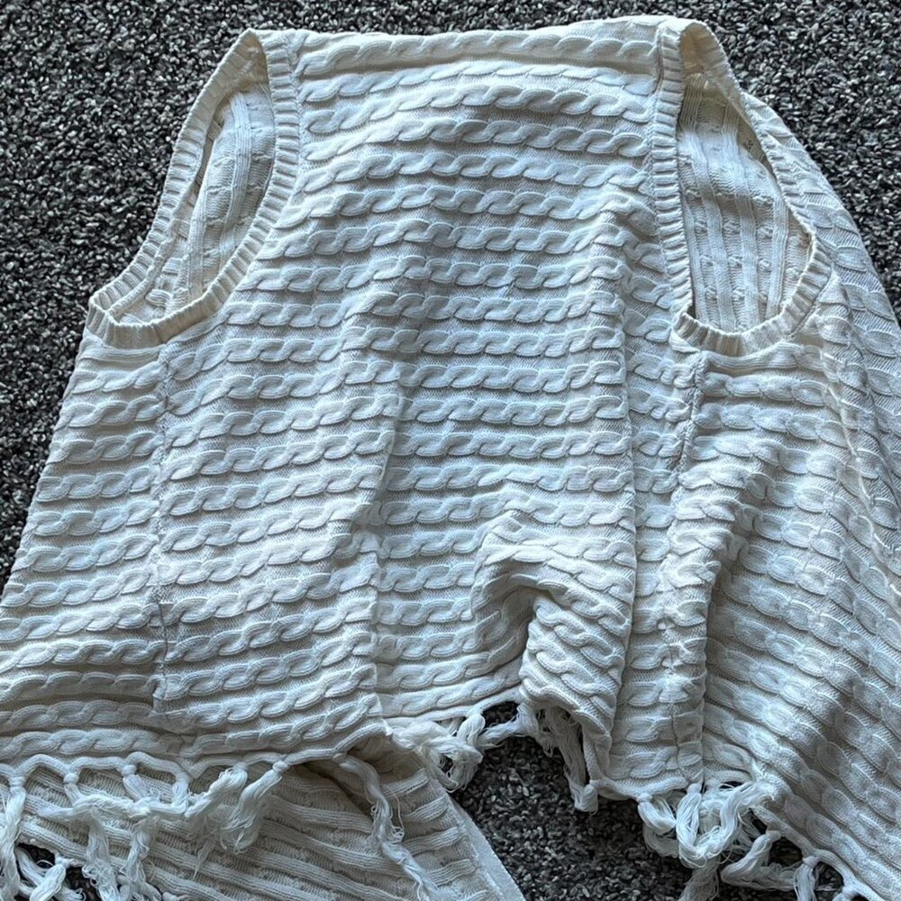 100% Cotton Bass Cable Knit Cardigan Womens Medium Cream Fringe Boho Poncho - Picture 5 of 6